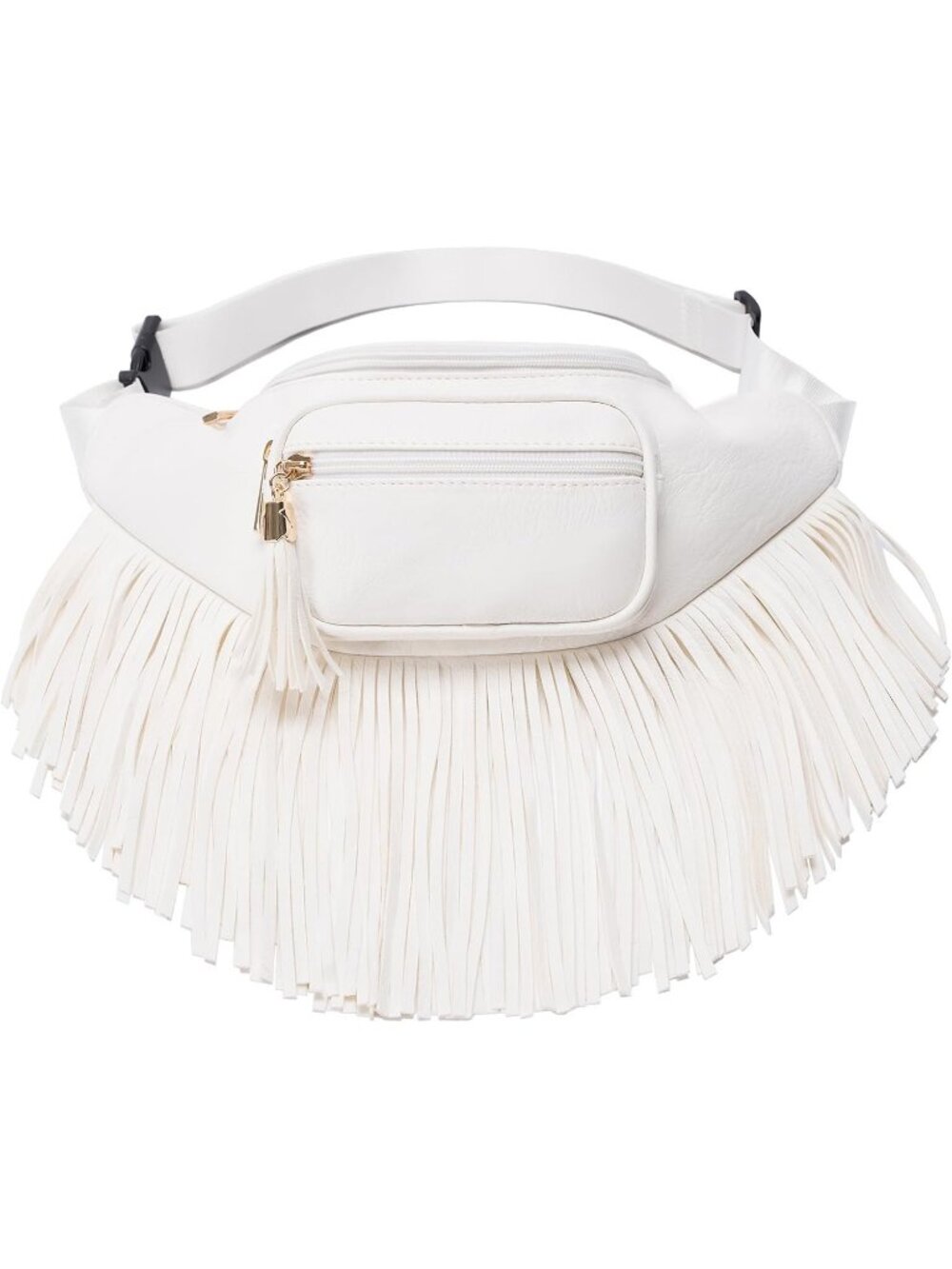 Women's White Fringe Waist With Multi Zipper Pockets Fanny Pack Travel Bags